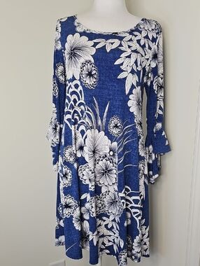SJS Women's Blue & White Floral Long Sleeve Tunic  Dress Size M